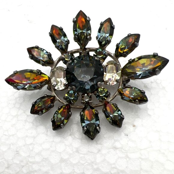 Vintage Givre Rhinestone Brooch Pin Faceted Smokey Sunburst Multicolor Silver To - Picture 4 of 10